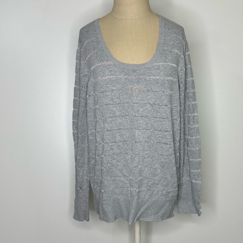 Ann taylor loft scoop neck sweater Grey silver striped button sleeves